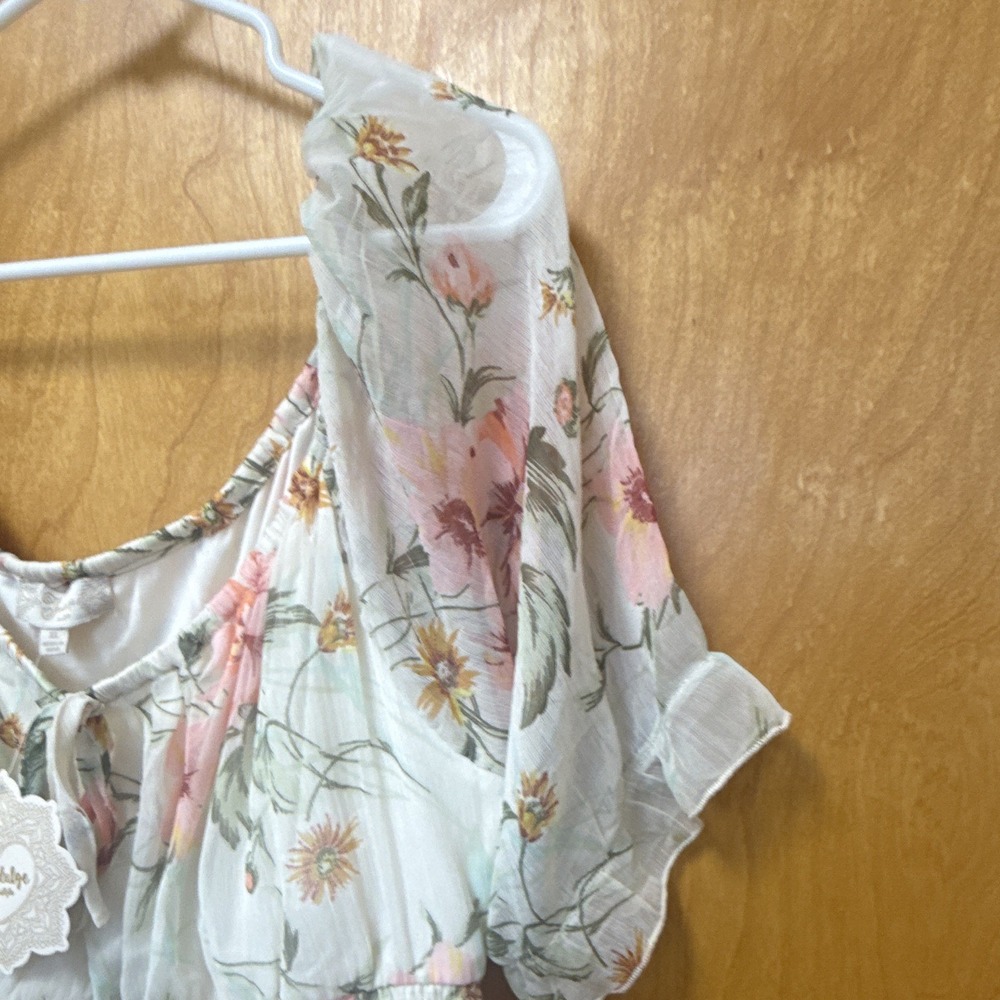 Indulge Women's Floral Smocked Puff Sleeve Ruffle Mini Dress XL White Pink NWT - Picture 4 of 10